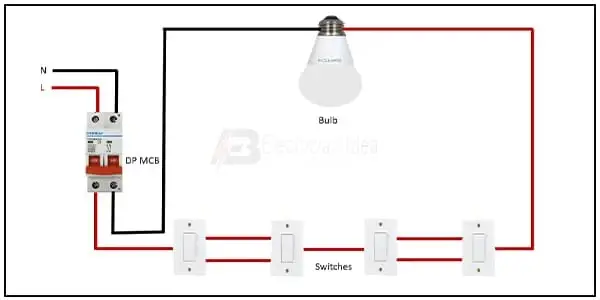 Diagram of Four Switches Control one Light wiring: